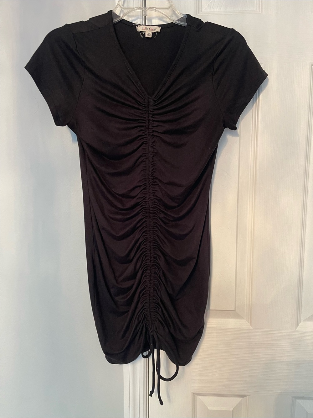 Black Ruched V-Neck Short Sleeve Dress